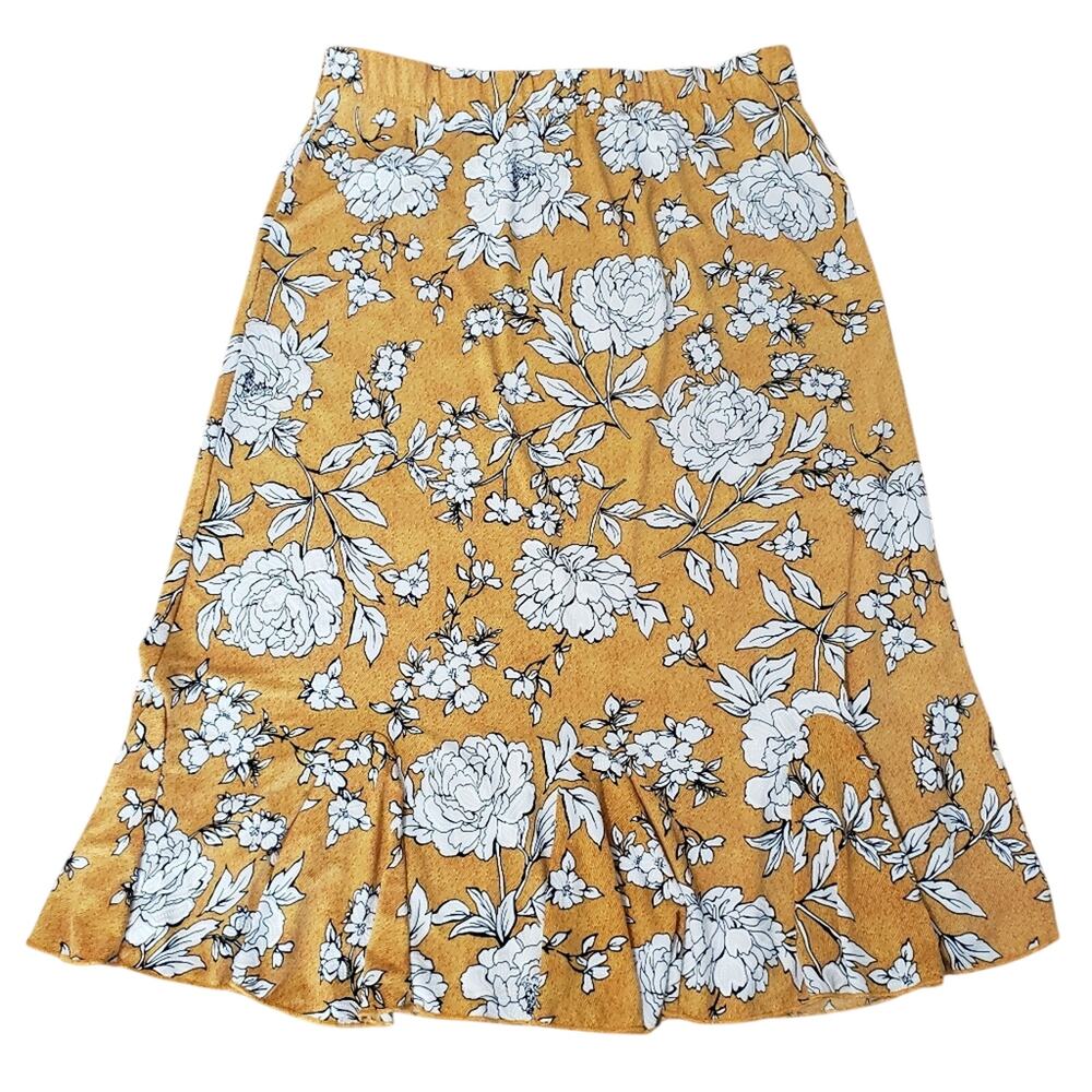 Gold White‎ Textured Floral Midi Flounce Hem Pull On Skirt Medium Bloomcore
